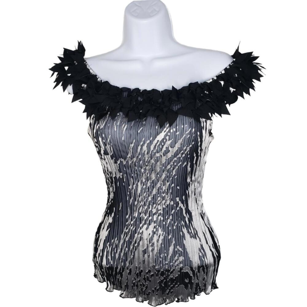 Vintage Carrie Allen Women's Sz S Fringe Boat-Neck Pleated Sheer Blouse(1844)